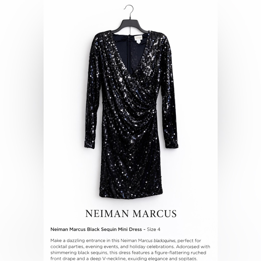 Vintage Neiman Marcus Sequin Dress 4 Oleg Cassini Black Tie Long Sleeve Mini